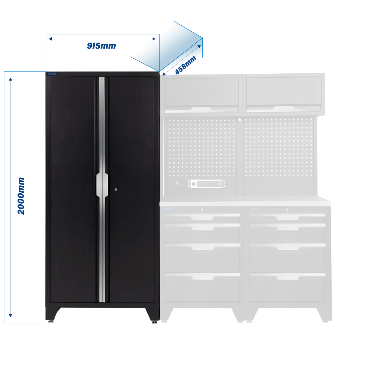 SGS 7pc Modular Garage Storage | 8 Drawers | Stainless Steel Worktop | 2x Upper Cabinets | Tall Double Cabinet | Pegboard with Power Strip